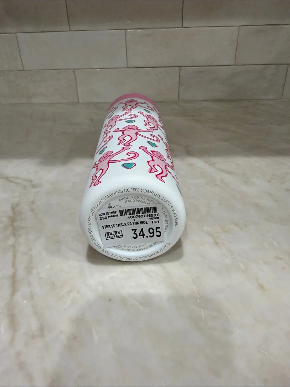Roller Rabbit Pink & White Monkey Pattern Insulated Tumbler